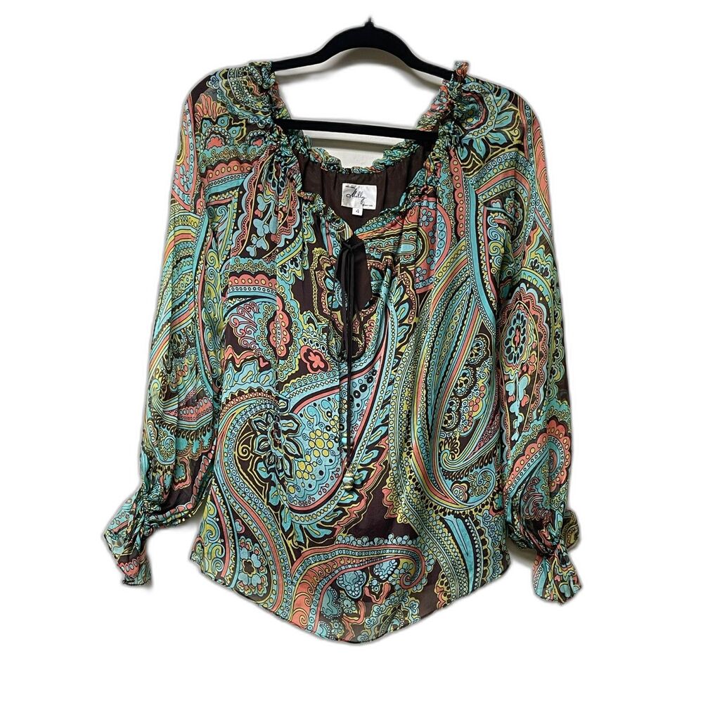 MILLY 100% Silk Peasant Blouse Tie Front Boho Print, Sz 4